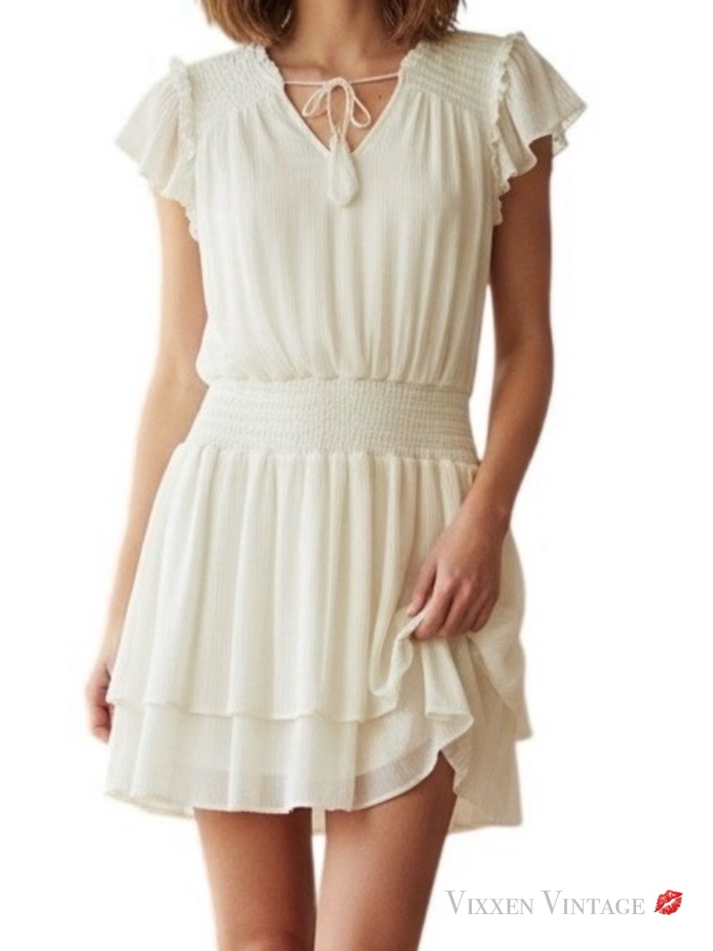 TART COLLECTIONS FLUTTER SMOCKED TIERED MINI DRESS IN GARDENIA